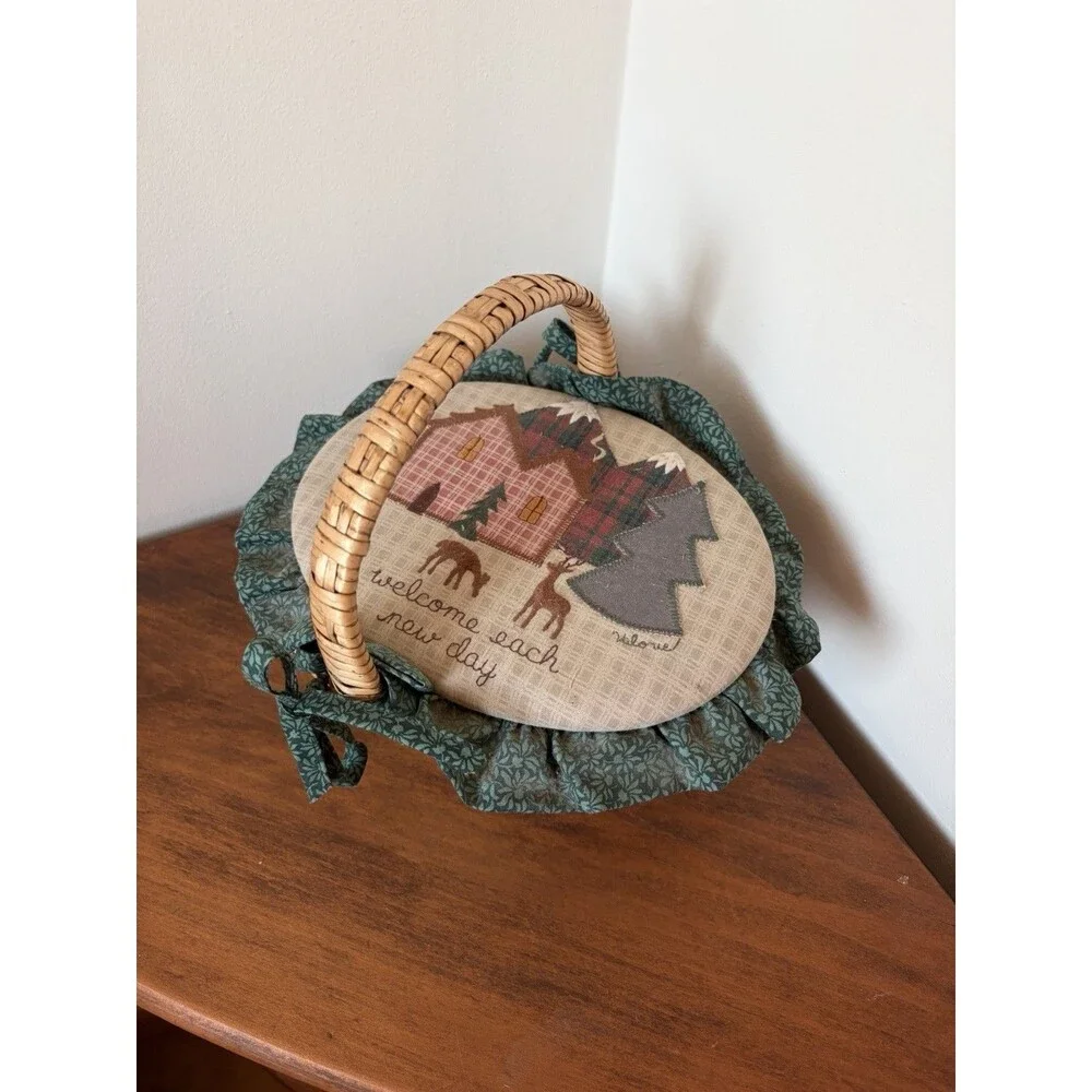 Cabin Wicker Sewing Basket w/ Handle, Fabric Lid 